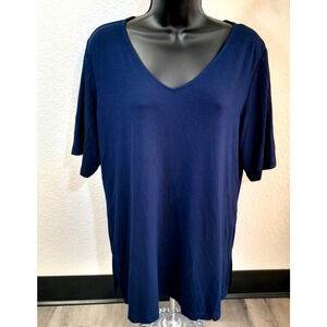 Susan Graver Lifestyle XL Shirt Blouse Top SS Navy Blue Liquid Knit